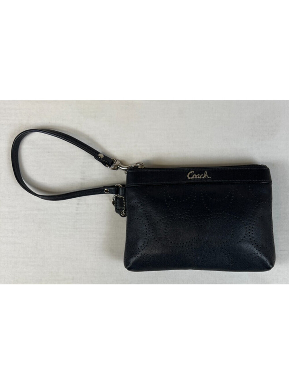Coach Women Small Signature C Perforated Black Leather Wristlet Clutch Pouch
